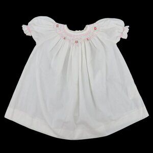 Mom and Me NEWBORN NB White Pink Smocked Rosette Rose Beaded Dress Puff Sleeves